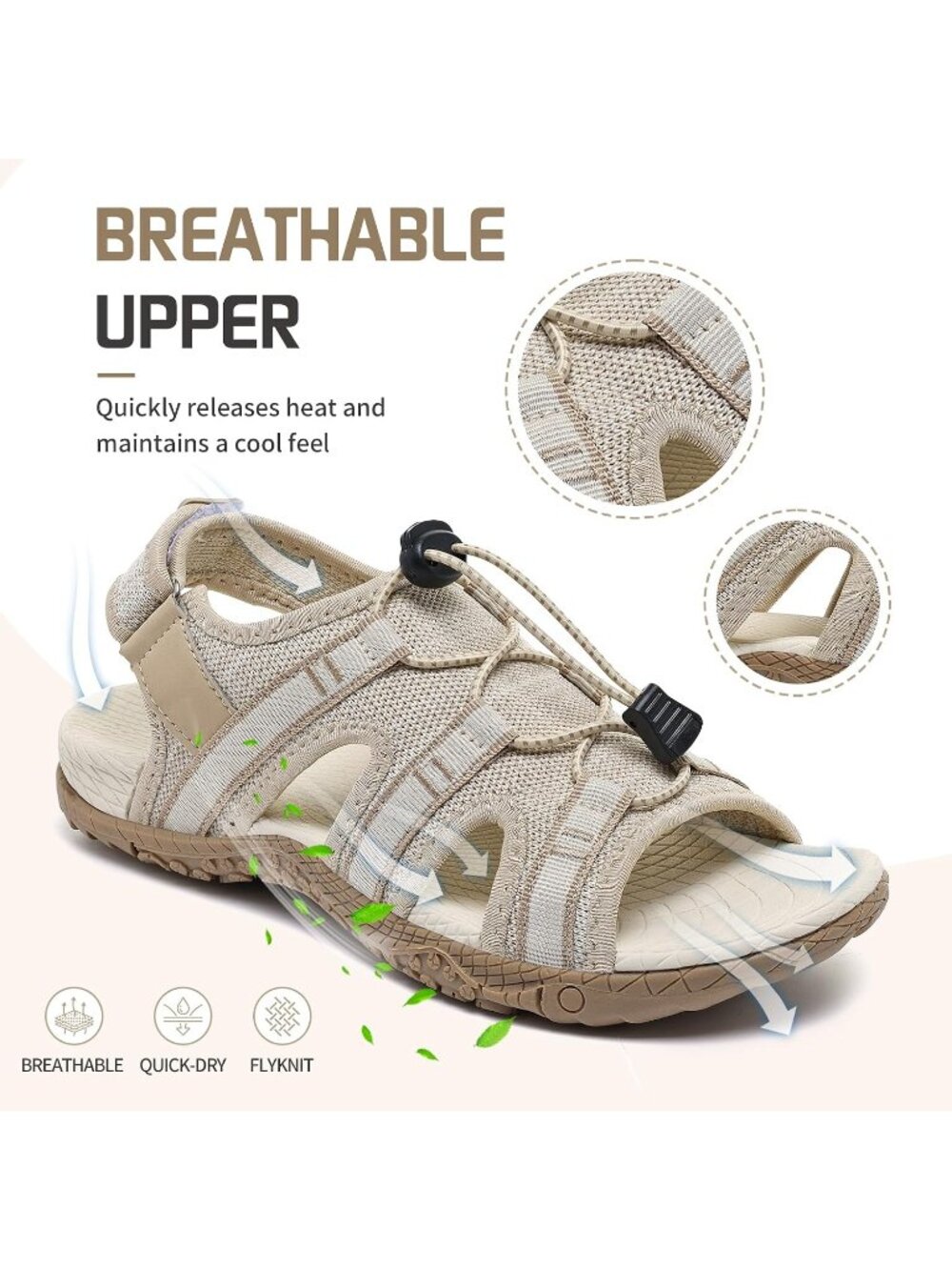 Women's Beige Mesh Orthopedic Arch Support Adjustable Sport Walking Sandals - Picture 6 of 6
